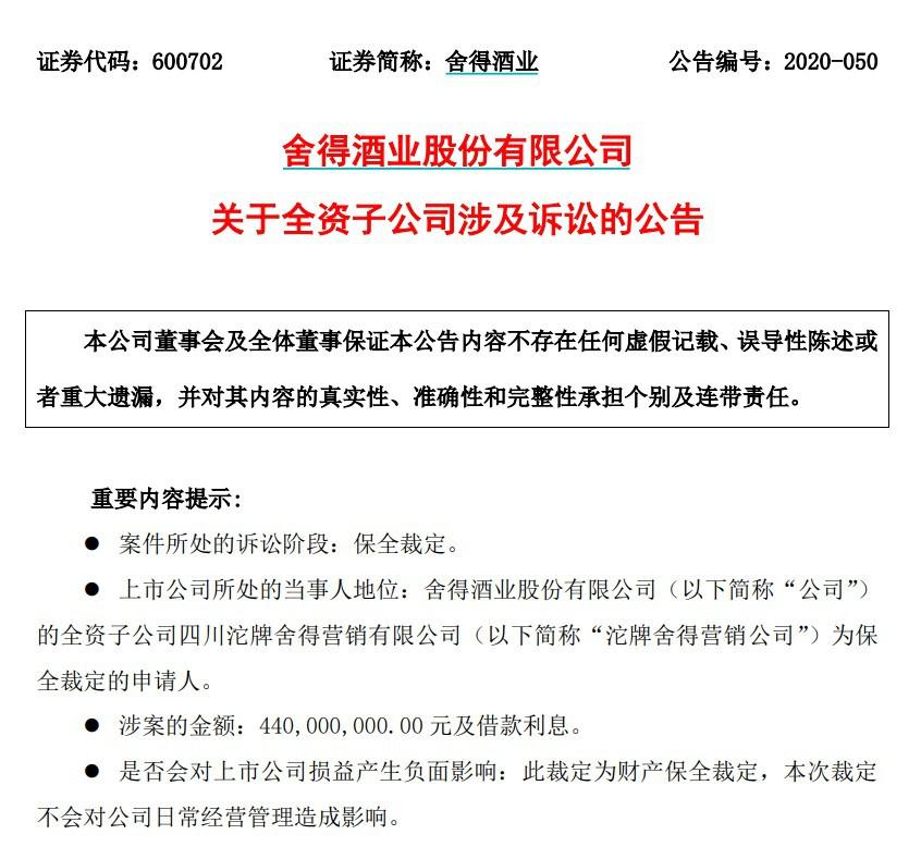 舍得酒业自查4.4亿资金被占 监管火速下函