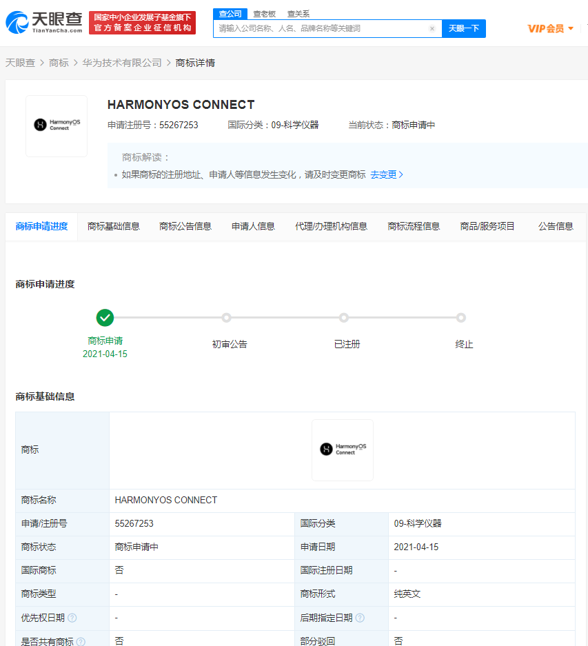 华为申请注册“HarmonyOS Connect”图形商标