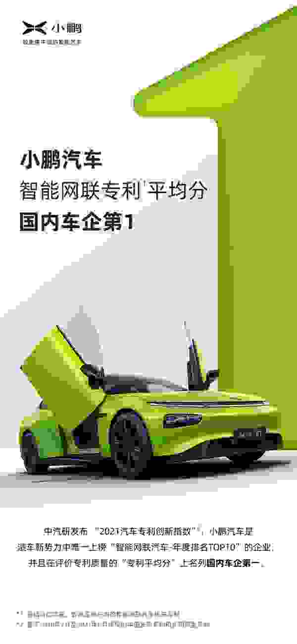 小鹏汽车上榜2021汽车专利创新指数“智能网联汽车-年度排名TOP10”