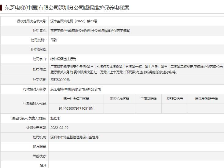 东芝电梯深圳分公司违法被罚 虚假维护保养电梯