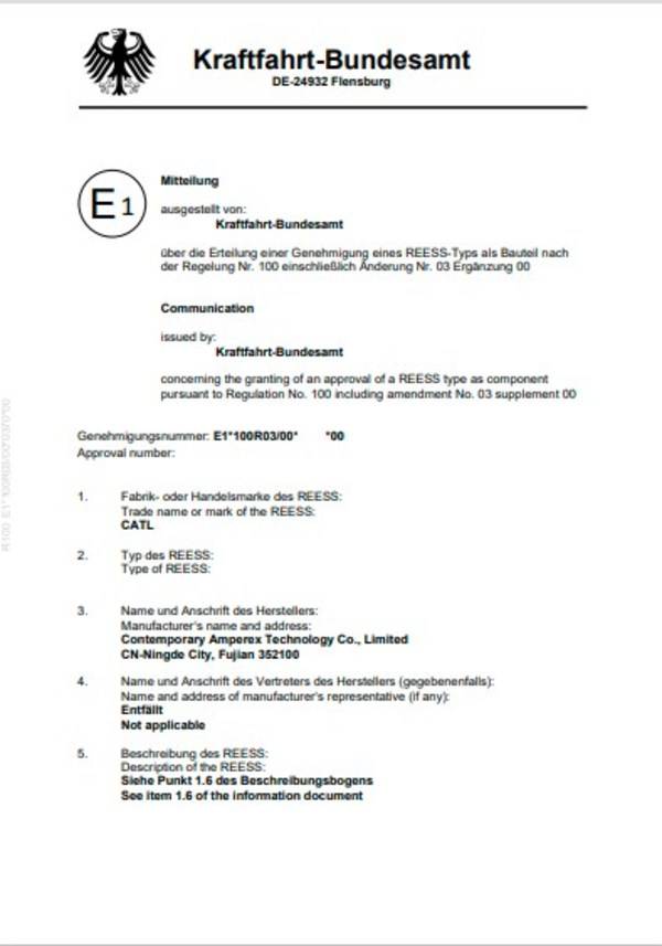 TUV南德助宁德时代获批德国交通部全球首批UNECE R100.03证书